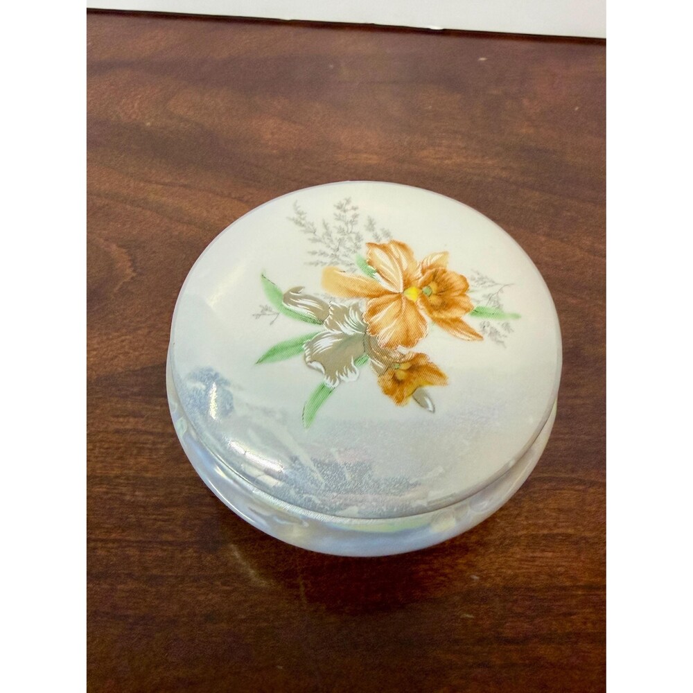 Vintage Lusterware Floral Trinket Box Iridescent Porcelain Jewelry Dish